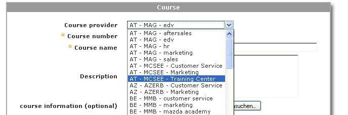the new course provider drop down list